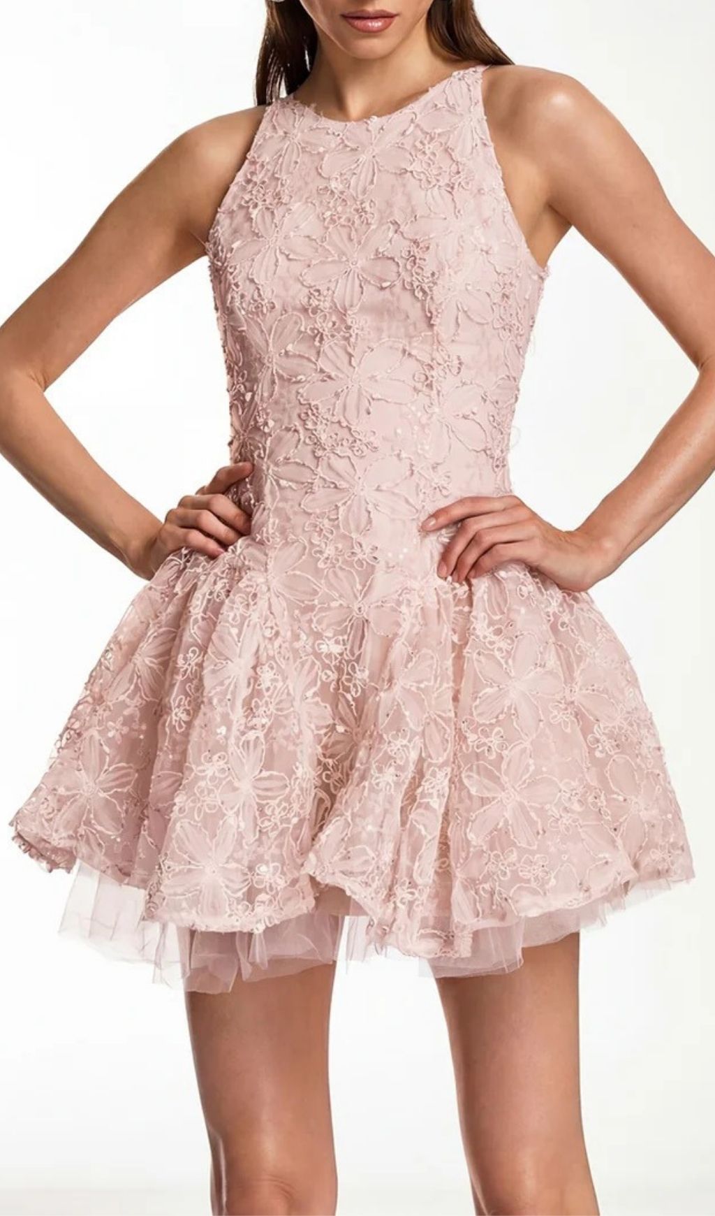 Katsumi Pink Halter Lace Flower Mini Dress Flowering Girl