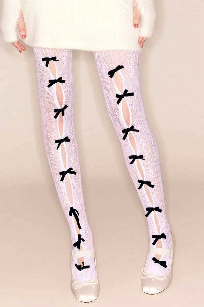 Yara Bowknot Fishnet Stockings - White Flowering Girl