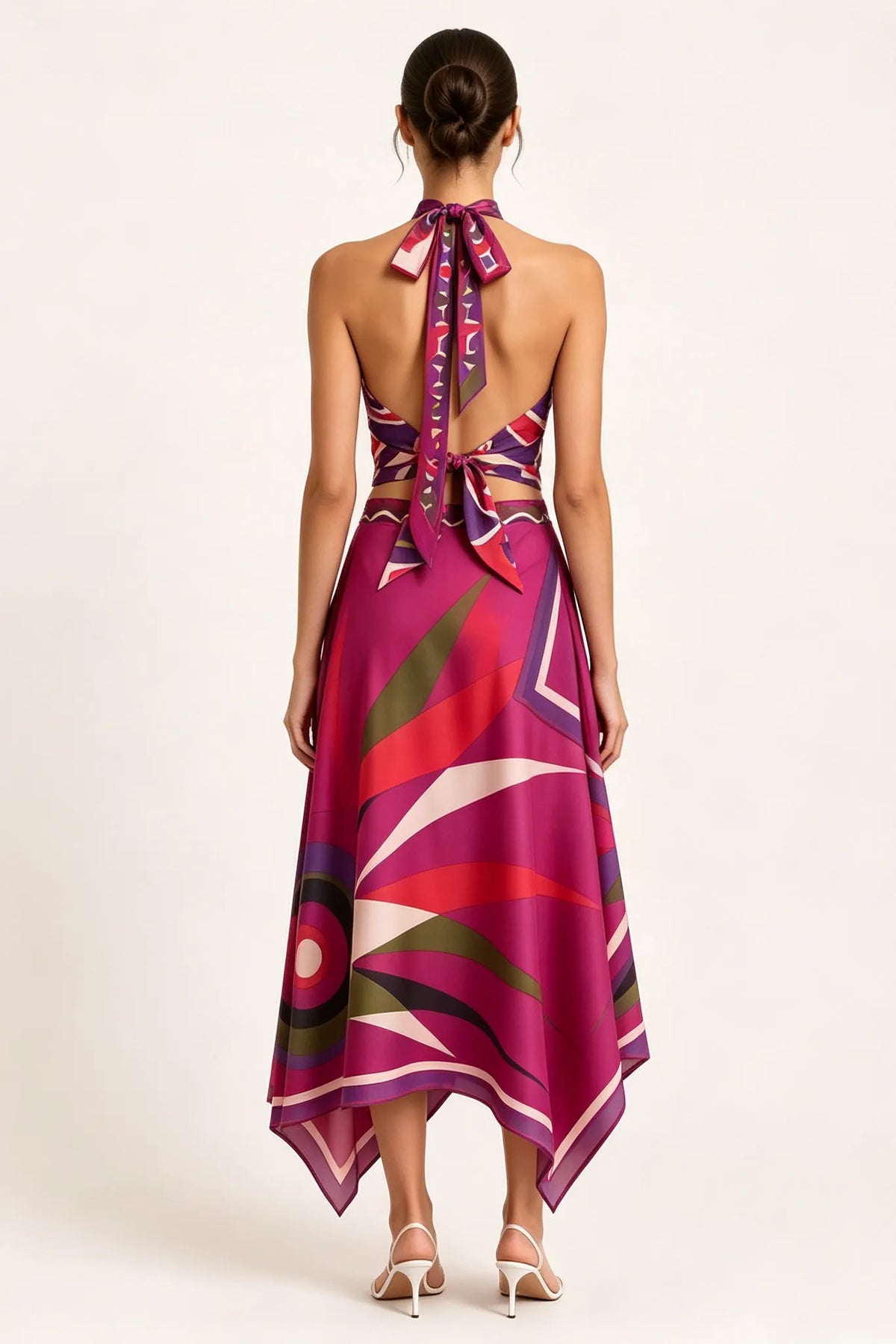 Halter Geo Print Satin Crop Top & Asymmetric Midi Skirt Co-ord Set Flowering Girl