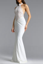 Fahrenheit White Halter Ruched Lace Maxi Dress Flowering Girl