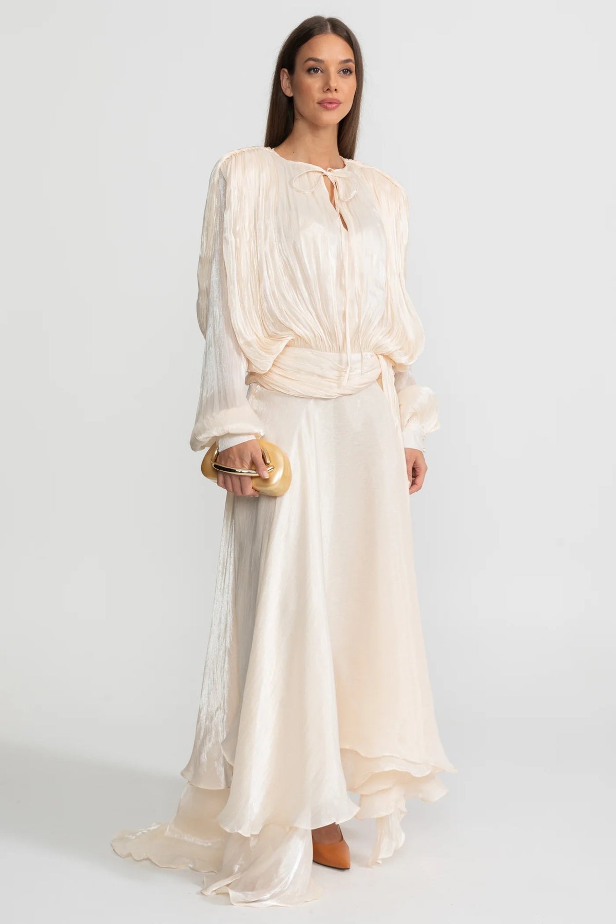 Ivory Pleated Bodice Draped Puff Sleeve Maxi Dress Flowering Girl