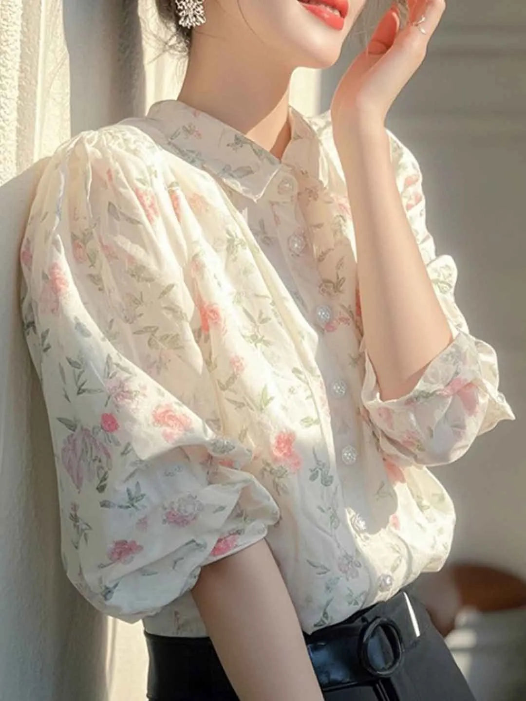 Josephine Lapel Floral Printed Chiffon Blouse Flowering Girl