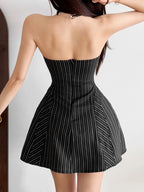 Marchesa Black Strapless Stripe Mini Dress Flowering Girl