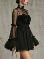 Black Sheer Floral Appliqué High Neck Pleated Chiffon Mini Dress Flowering Girl