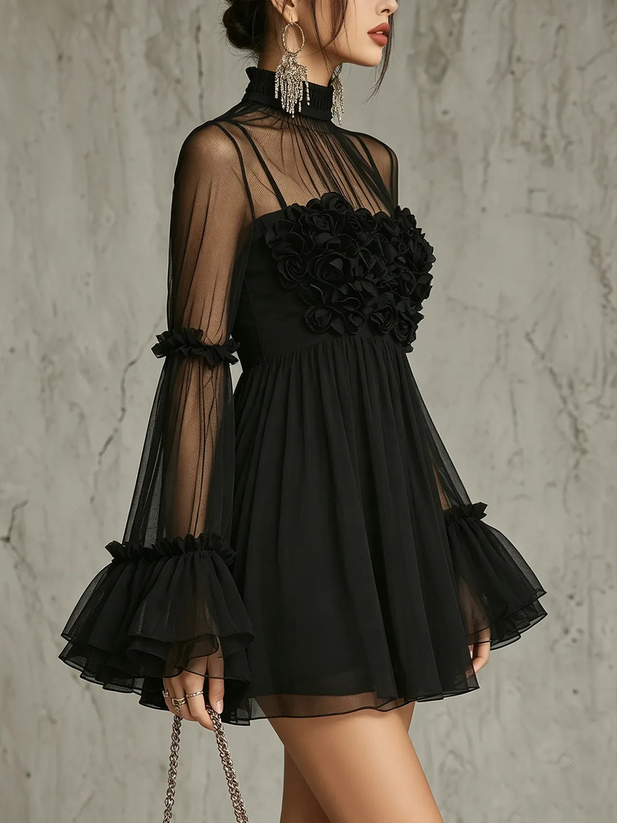Black Sheer Floral Appliqué High Neck Pleated Chiffon Mini Dress Flowering Girl