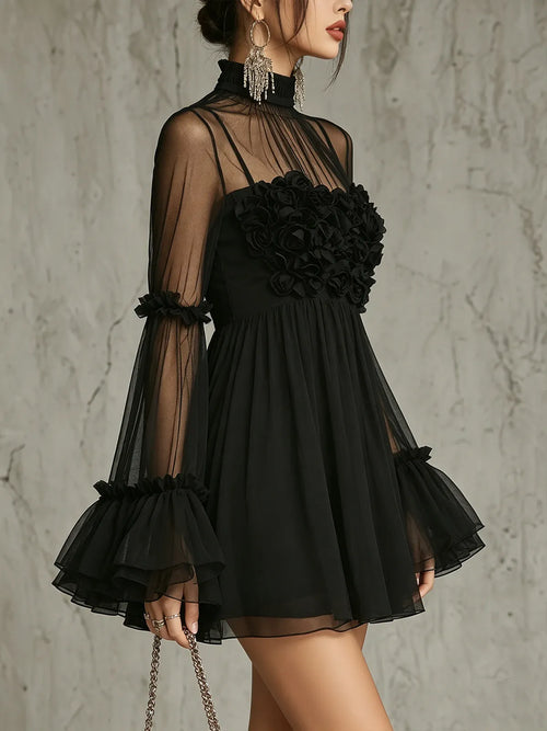 Black Sheer Floral Appliqué High Neck Pleated Chiffon Mini Dress Flowering Girl