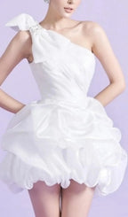 White One Shoulder Bowknot Mini Dress Flowering Girl