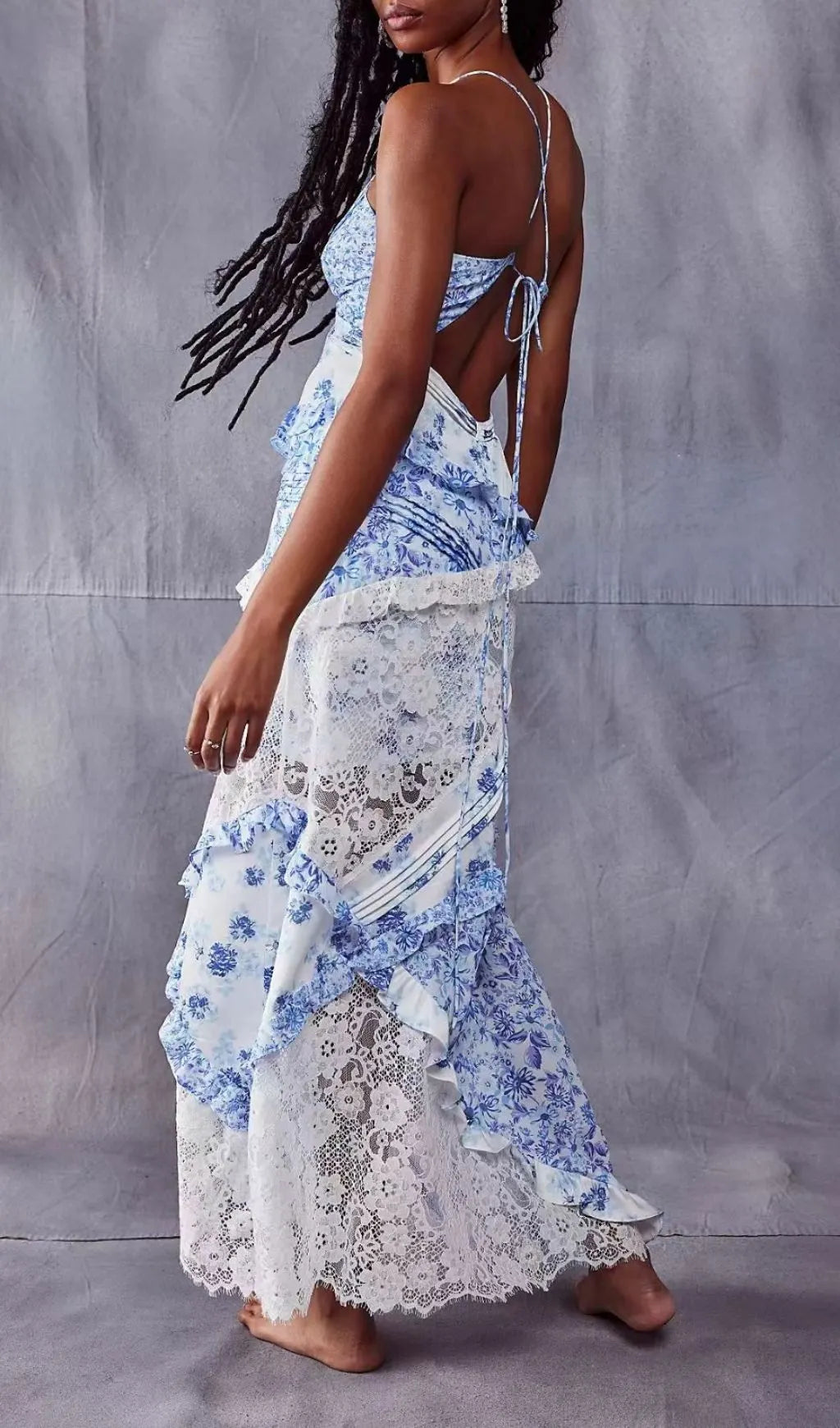 Georgia Blue V Neck Floral Print Lace Maxi Dress Flowering Girl