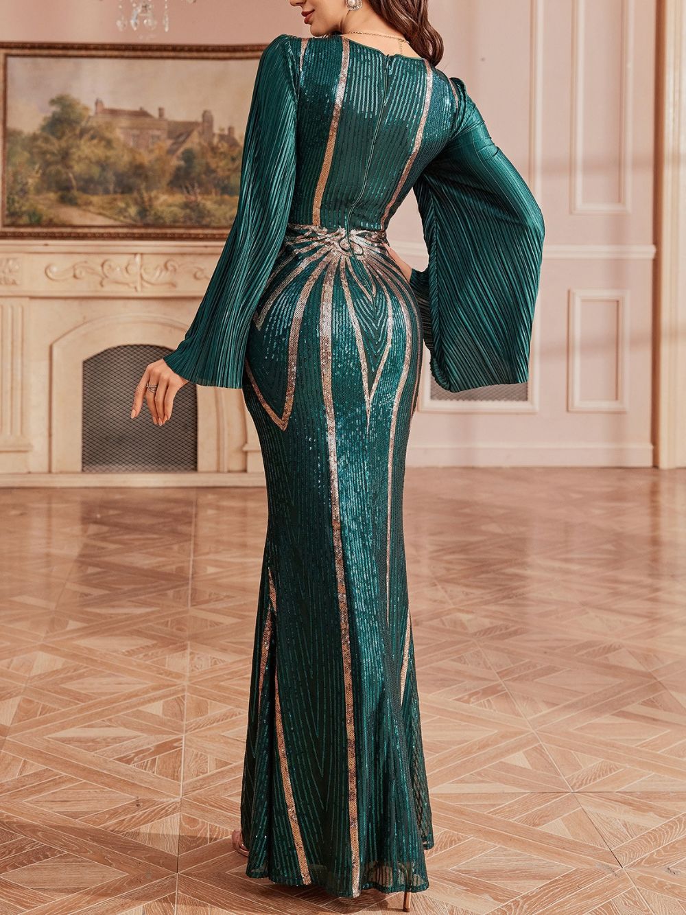 Miko Green Sequin Long Sleeve Maxi Dress Flowering Girl