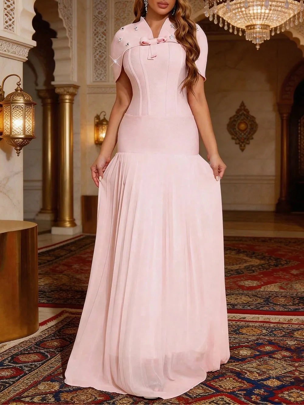 Makiko Pink Bandage Maxi Dress With Beaded Cape Flowering Girl