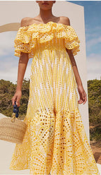 Ruffle Cold Shoulder Midi Dress In Yellow Flowering Girl