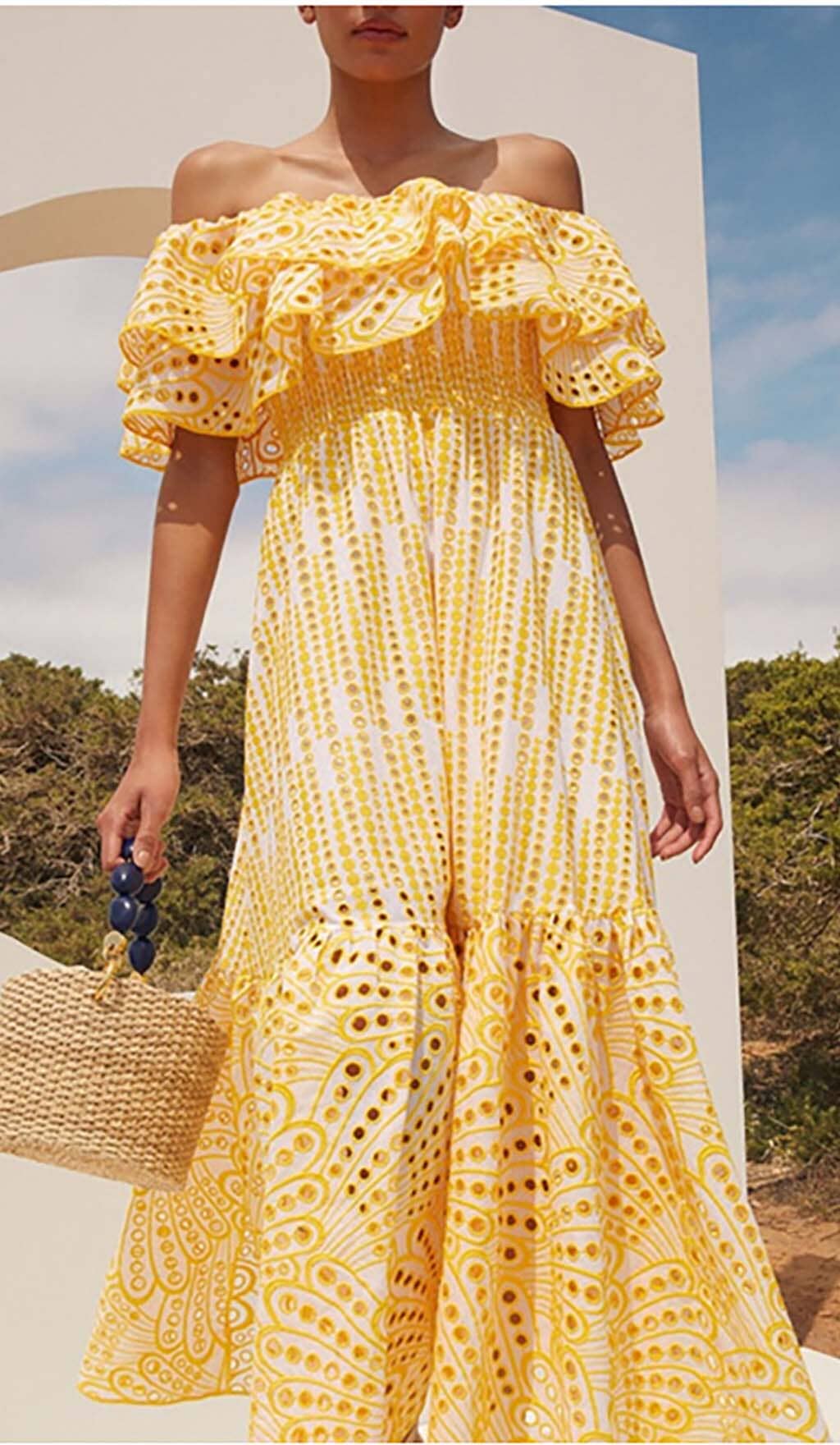 Ruffle Cold Shoulder Midi Dress In Yellow Flowering Girl