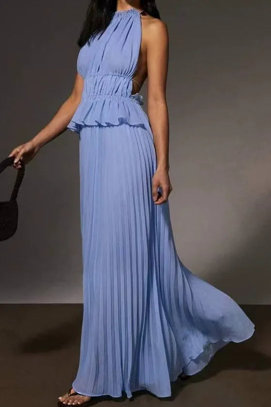 Halter Neck Pleated Maxi Dress Flowering Girl