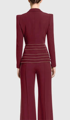 Sandy Trim Embellished Blazer & Pants Set - Wine Flowering Girl