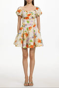 Gearoid Ruched Puff Sleeve Floral Print Woven Mini Dress Flowering Girl