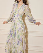 Rachel Multicolor v-Neck Floral Print Lantern Sleeve Maxi Dress Flowering Girl