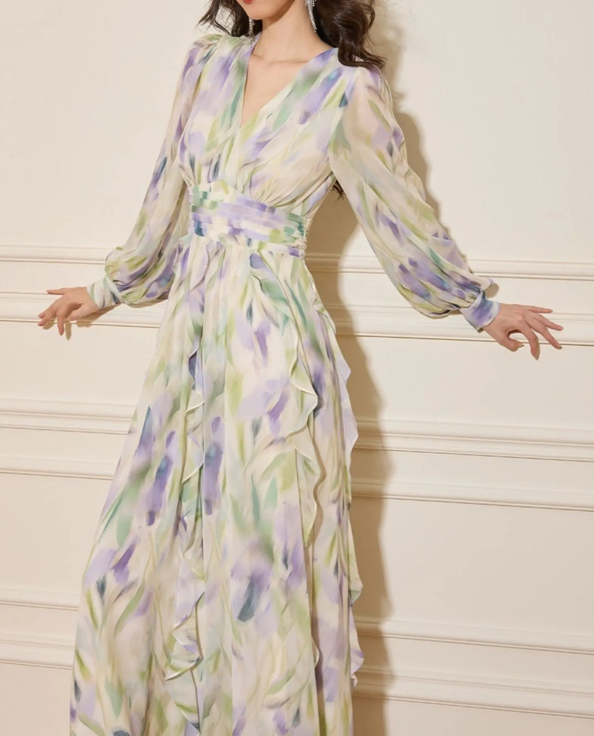 Rachel Multicolor v-Neck Floral Print Lantern Sleeve Maxi Dress Flowering Girl