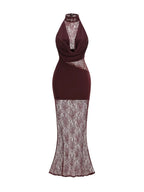 Milla Wine Halter Lace Maxi Dress Flowering Girl