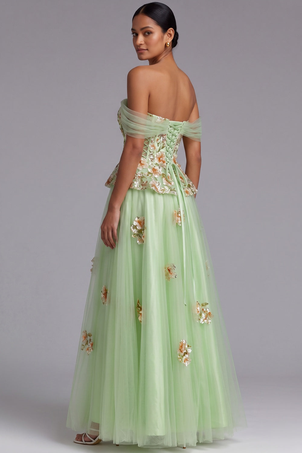 Light Green Off-The-Shoulder Floor-Length Gown with Floral Embellishments Flowering Girl