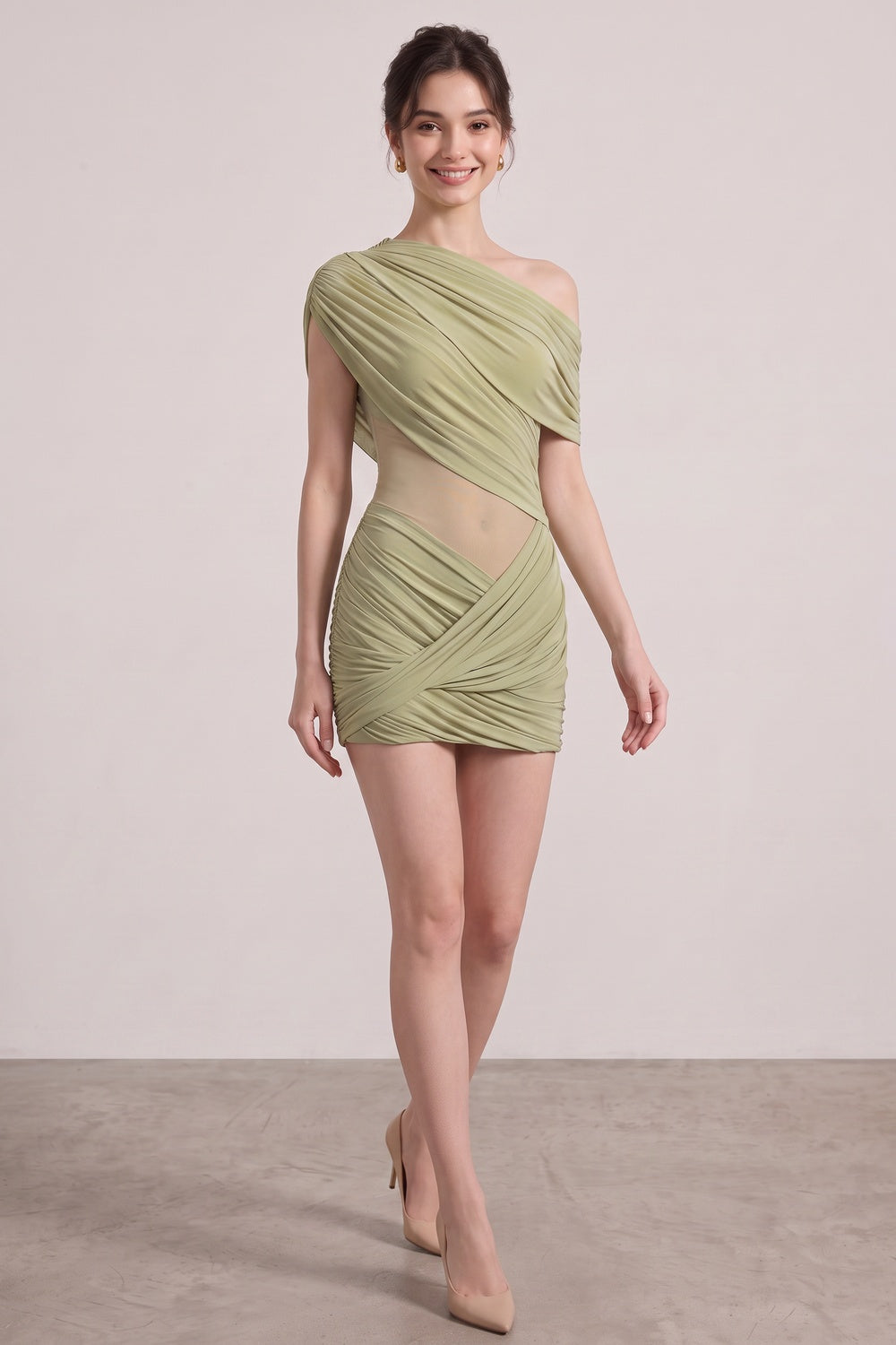 Sage Green Asymmetrical Draped Mini Dress Flowering Girl