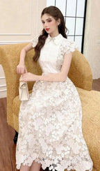Leila White 3D Flower Embroidery Bow Lace Midi Dress Flowering Girl