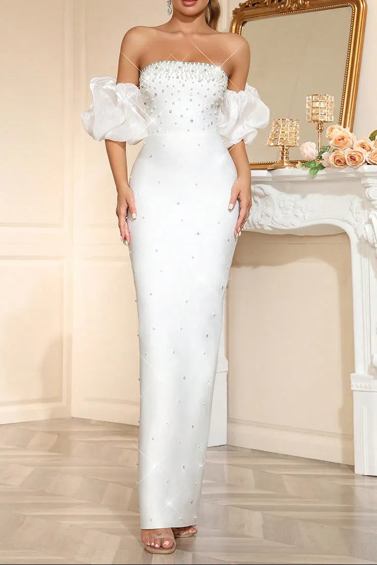 Nancy Rhinestone Beading Strapless Maxi Dress In White Flowering Girl