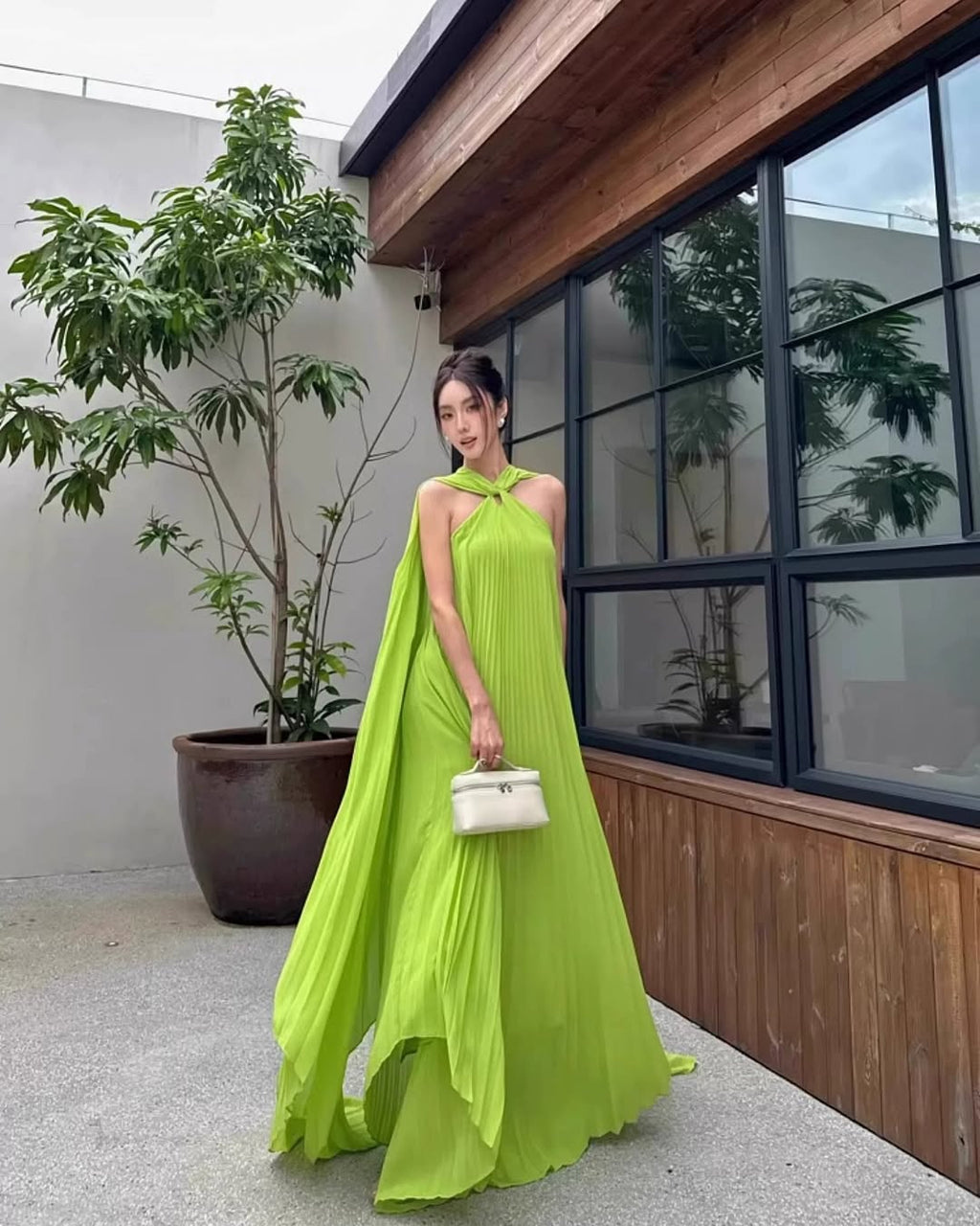 Alyssa Pleated Grass Green Maxi Dress Flowering Girl