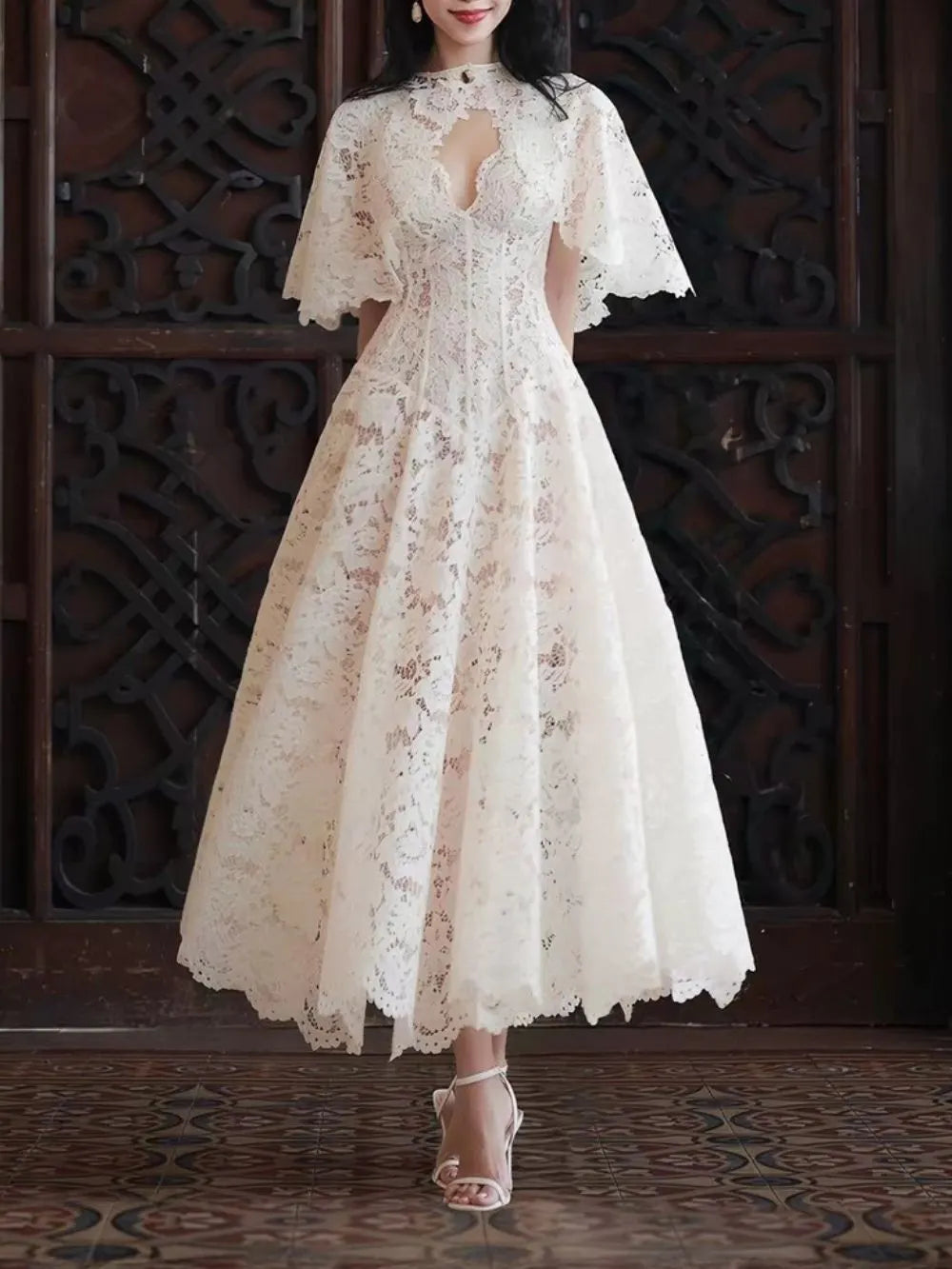 Macie Lace Maxi Dress With Cape Flowering Girl