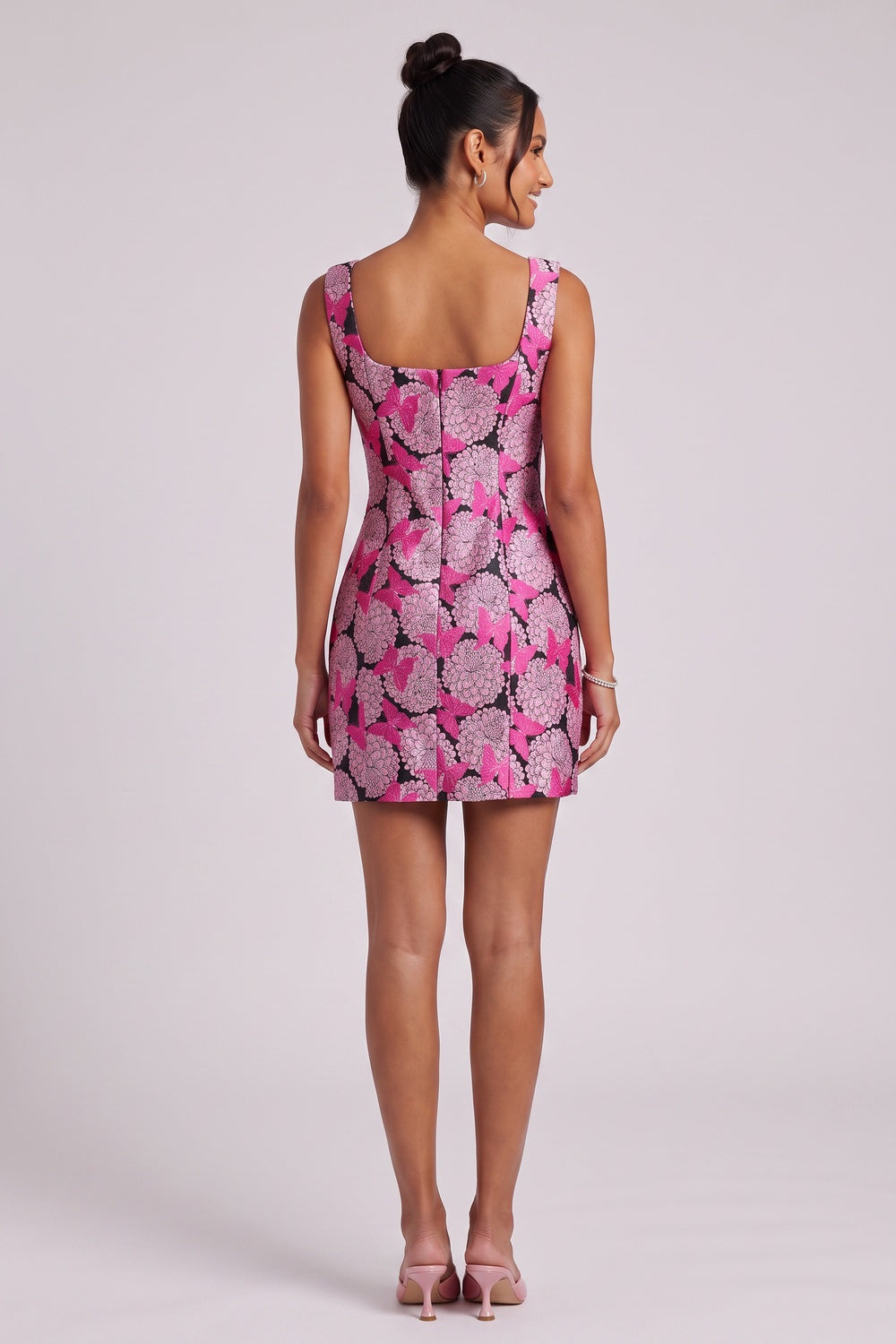 Square Neck Floral Butterfly Print Sleeveless Mini Dress Flowering Girl