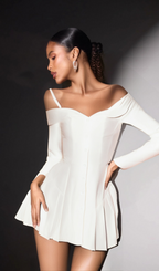 off-shoulder pleated trim mini dress in white Flowering Girl