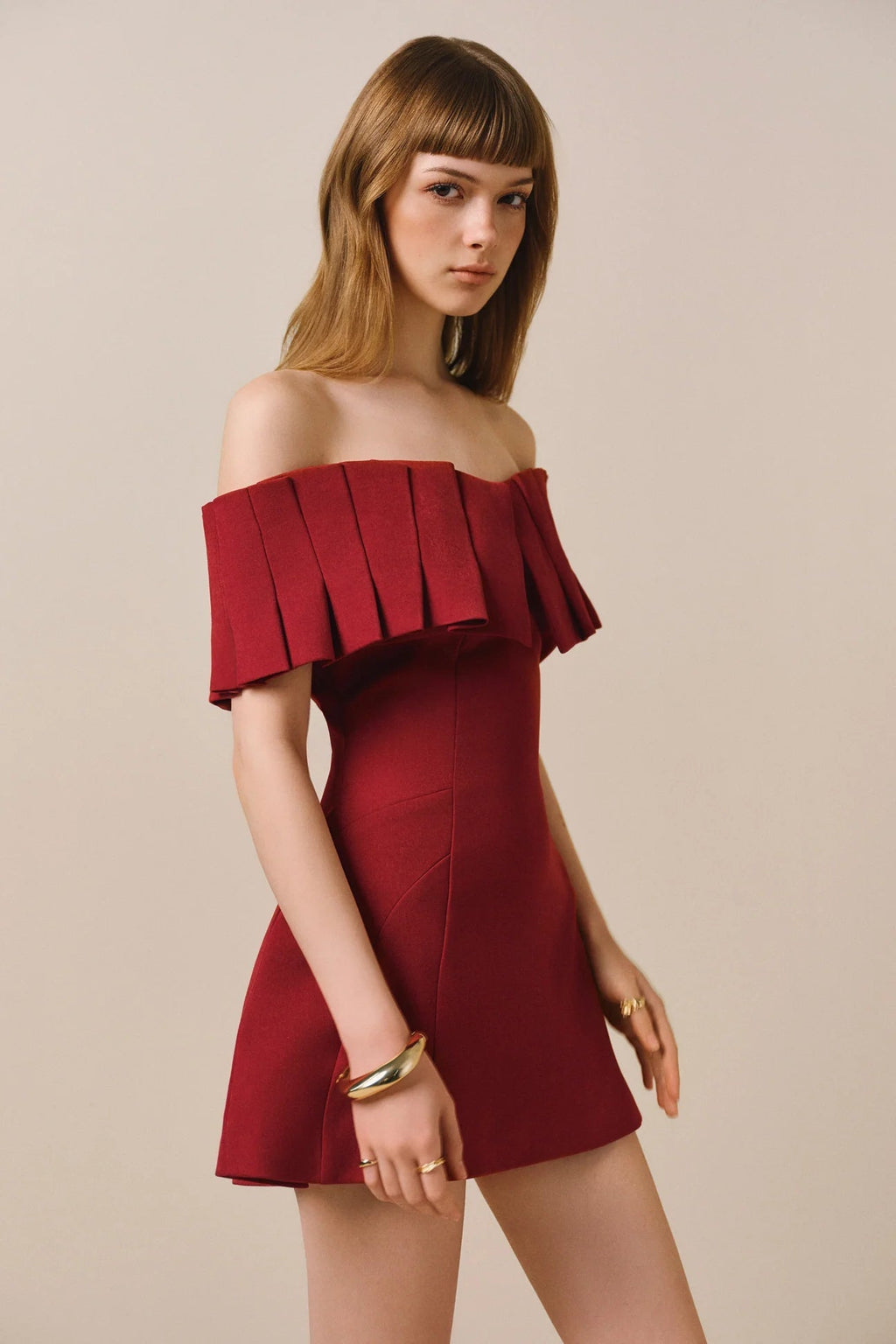 Marcia Off-Shoulder Pleated Mini Dress In Red Flowering Girl