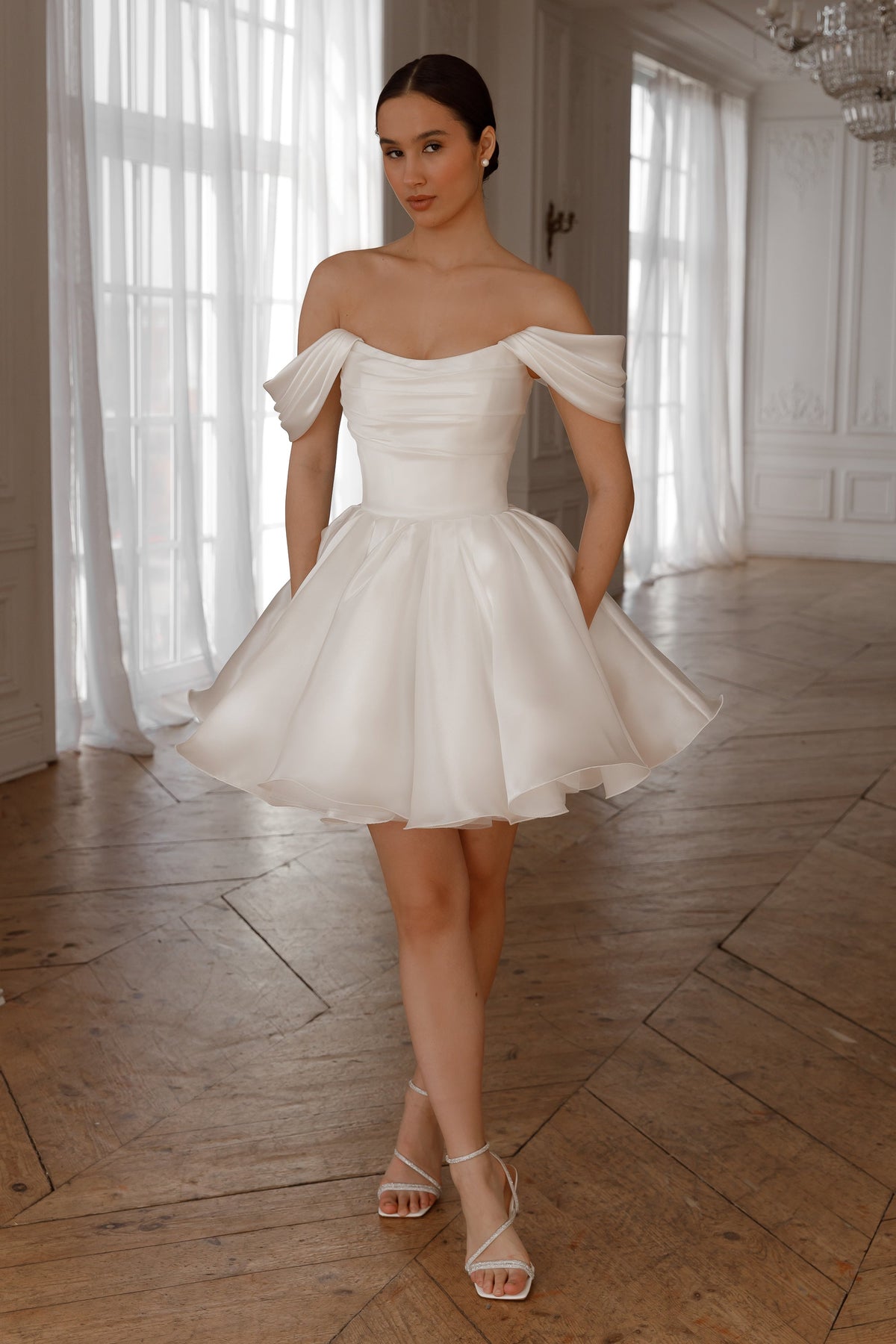 Molly Detachable Straps Mini Dress In Light Ivory Flowering Girl