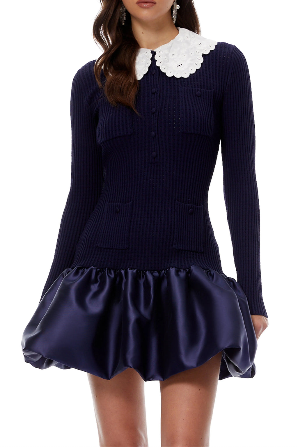 Lorraine Navy Blue Satin Panel Knit Mini Dress Flowering Girl