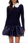 Lorraine Navy Blue Satin Panel Knit Mini Dress Flowering Girl