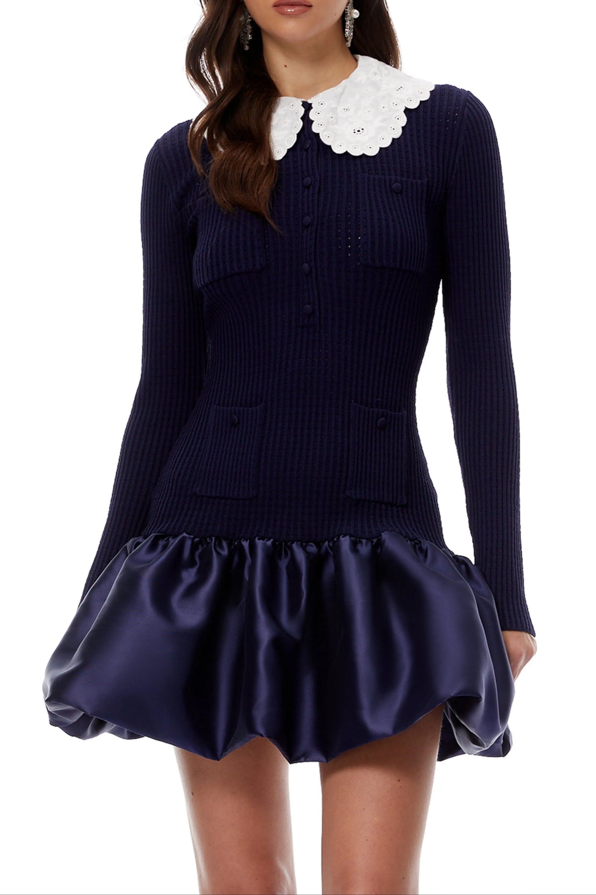 Lorraine Navy Blue Satin Panel Knit Mini Dress Flowering Girl