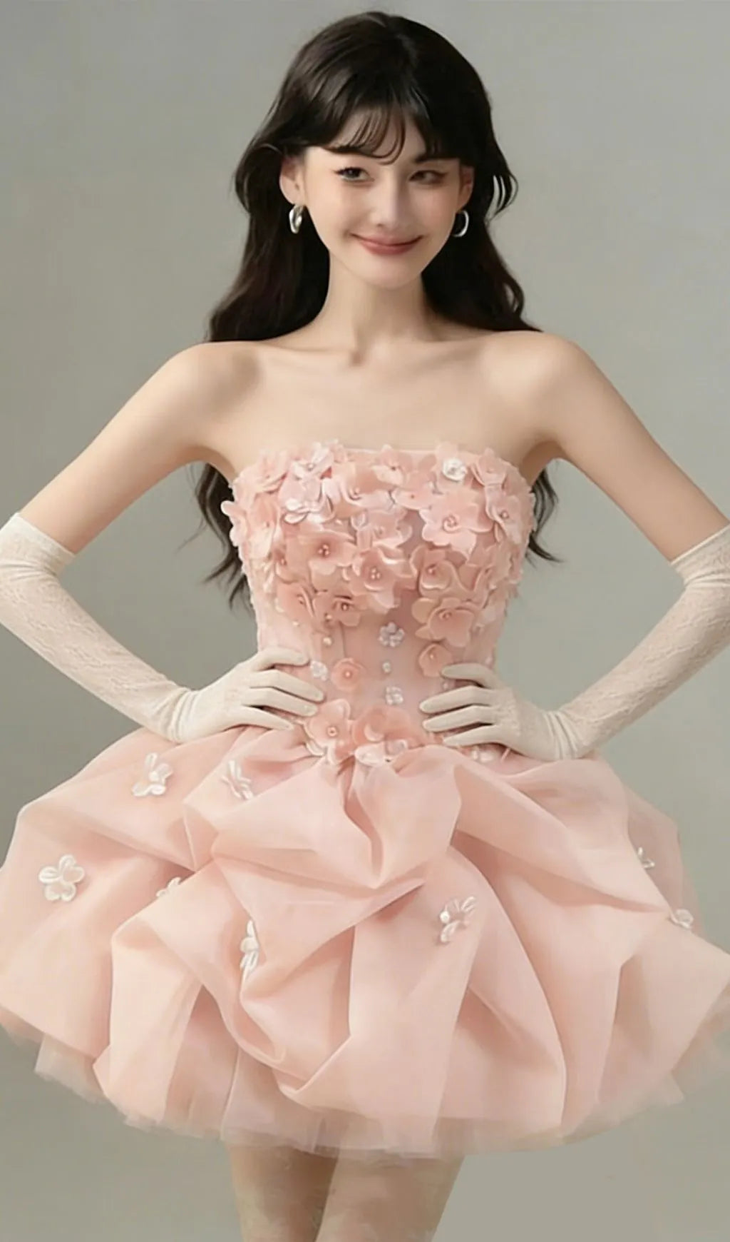 Krista Pink Strapless Flower Mini Dress Flowering Girl