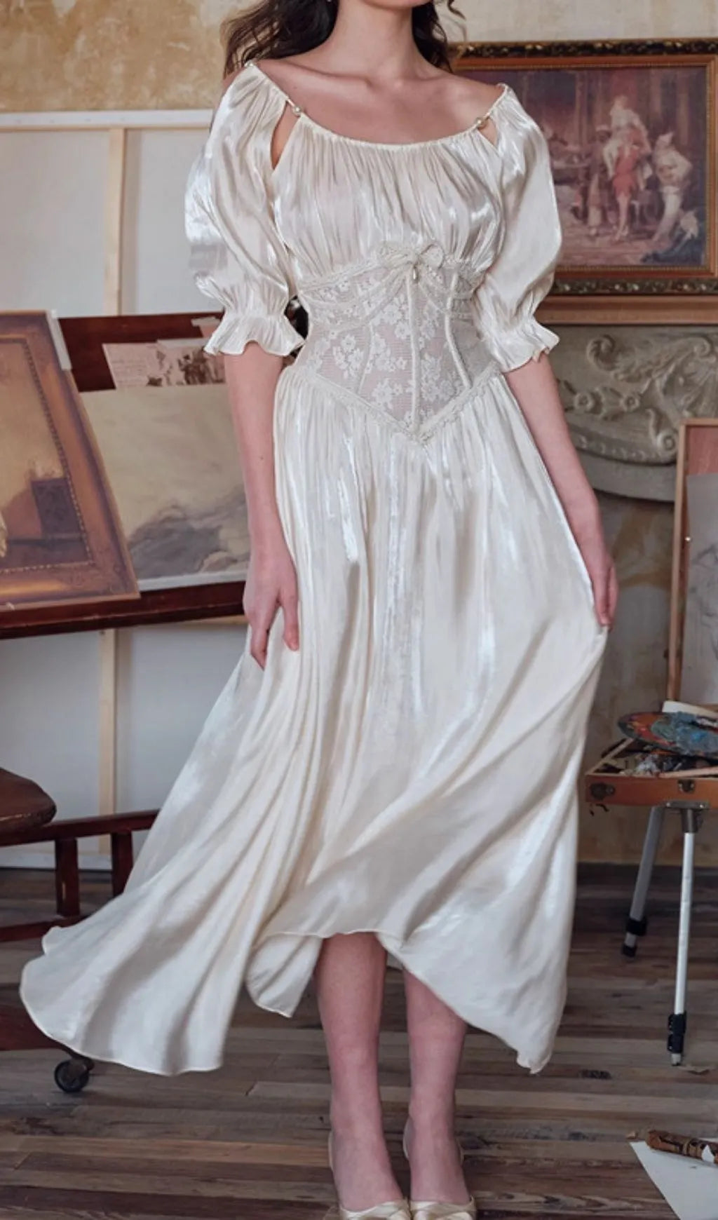 Square Neck Puff Sleeve Lace Satin Maxi Dress Flowering Girl