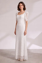 White Lace Floor-Length Dress with Puff Sleeves Flowering Girl
