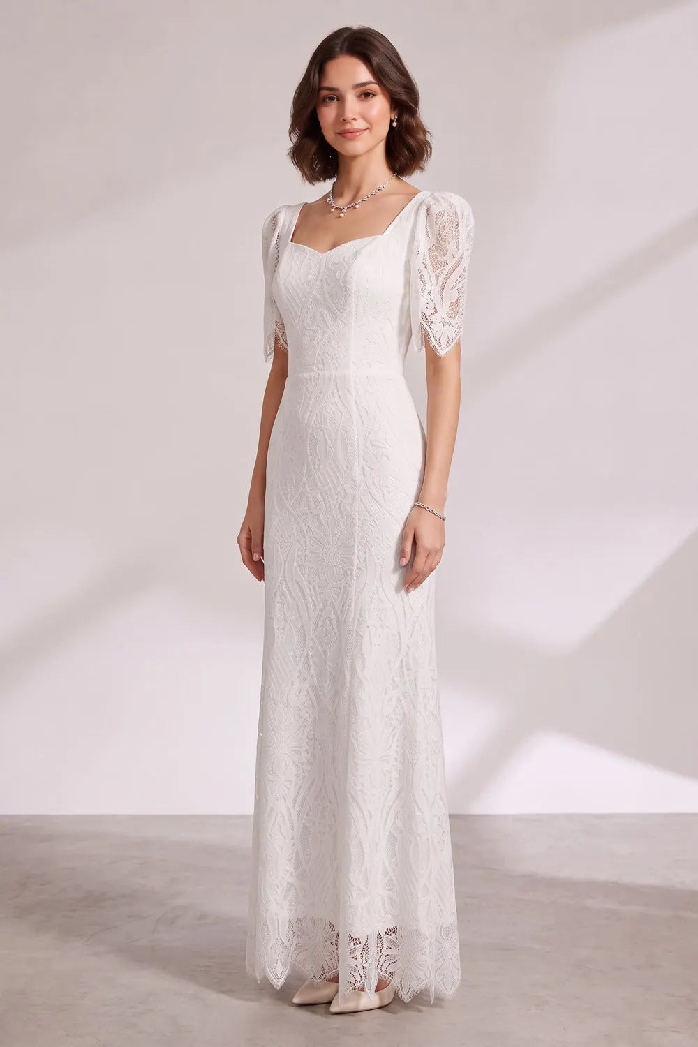 White Lace Floor-Length Dress with Puff Sleeves Flowering Girl