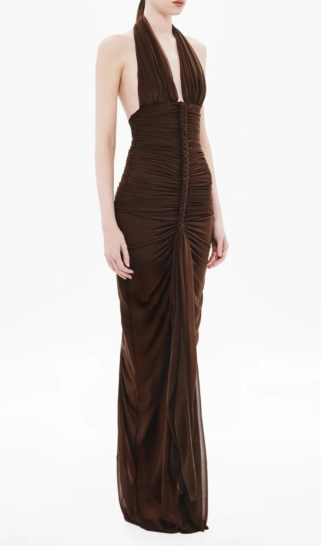 Nancy V-Neck Pleated Braided Bodycon Maxi Dress - Brown Flowering Girl