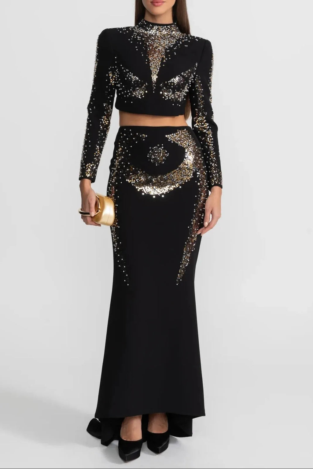 Rosalind Embellished Co-Ord Set with Silver and Gold Sequin Detailing - Black Flowering Girl