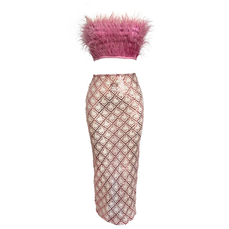 Audrey Pink Feather Top Sequin Midi Skirt Set Flowering Girl