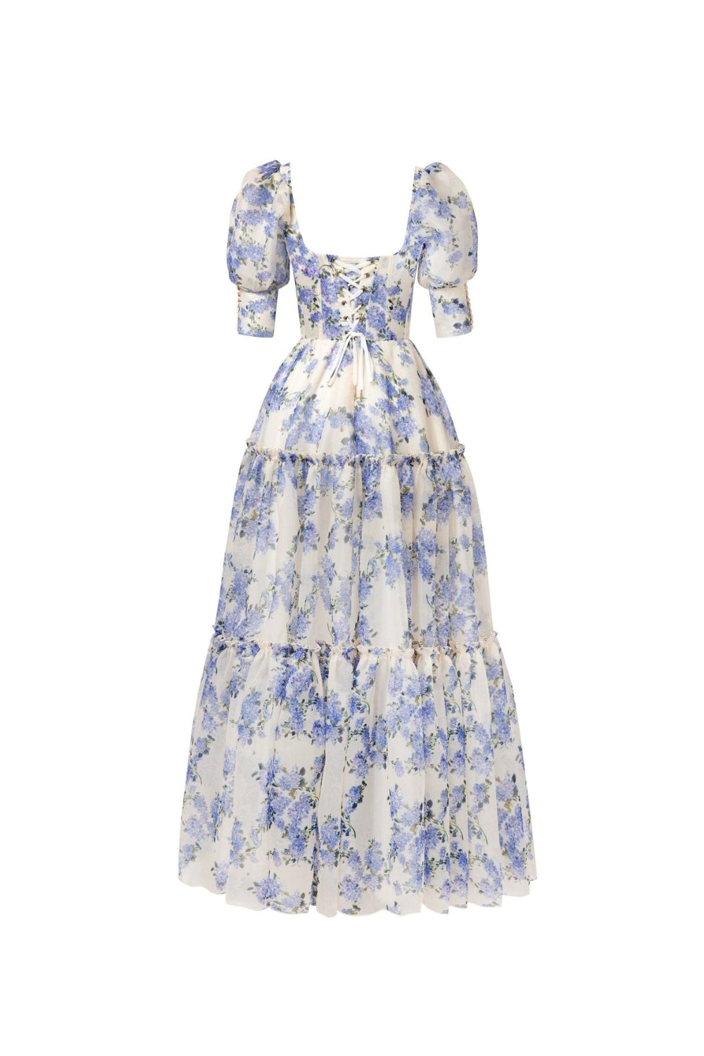 Hydrangea Print Voluminous Sleeves Maxi Dress In Blue Flowering Girl