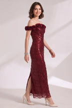 Burgundy Sequined Mesh Column Gown Flowering Girl