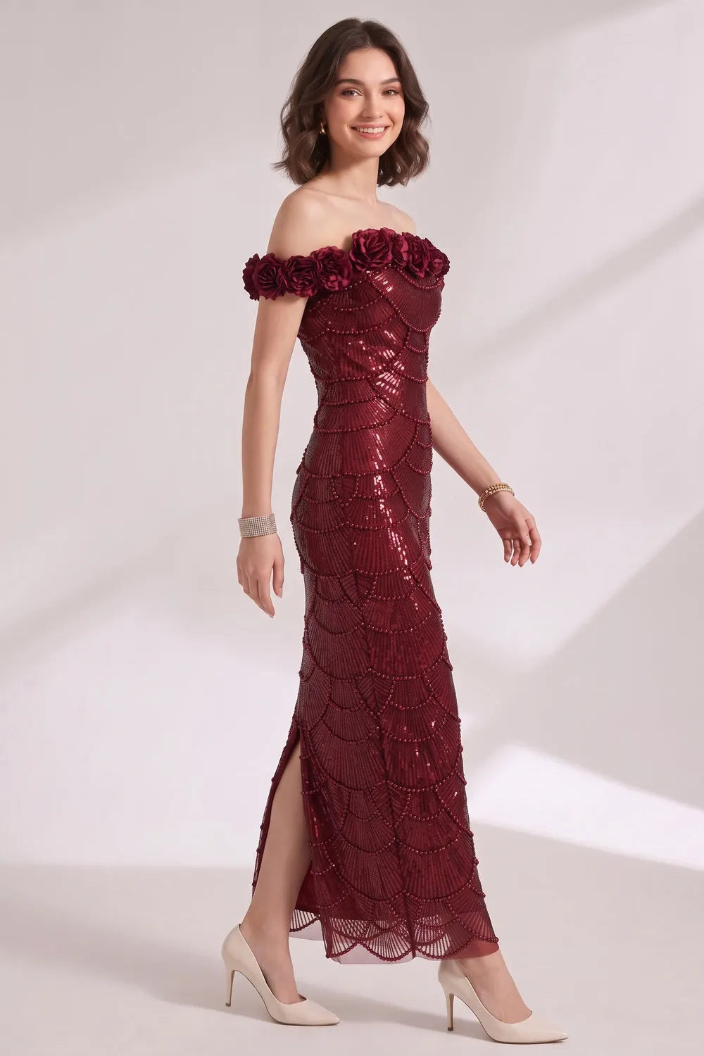 Burgundy Sequined Mesh Column Gown Flowering Girl