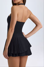 Asymmetric Layered Halterneck Mini Dress In Black Flowering Girl