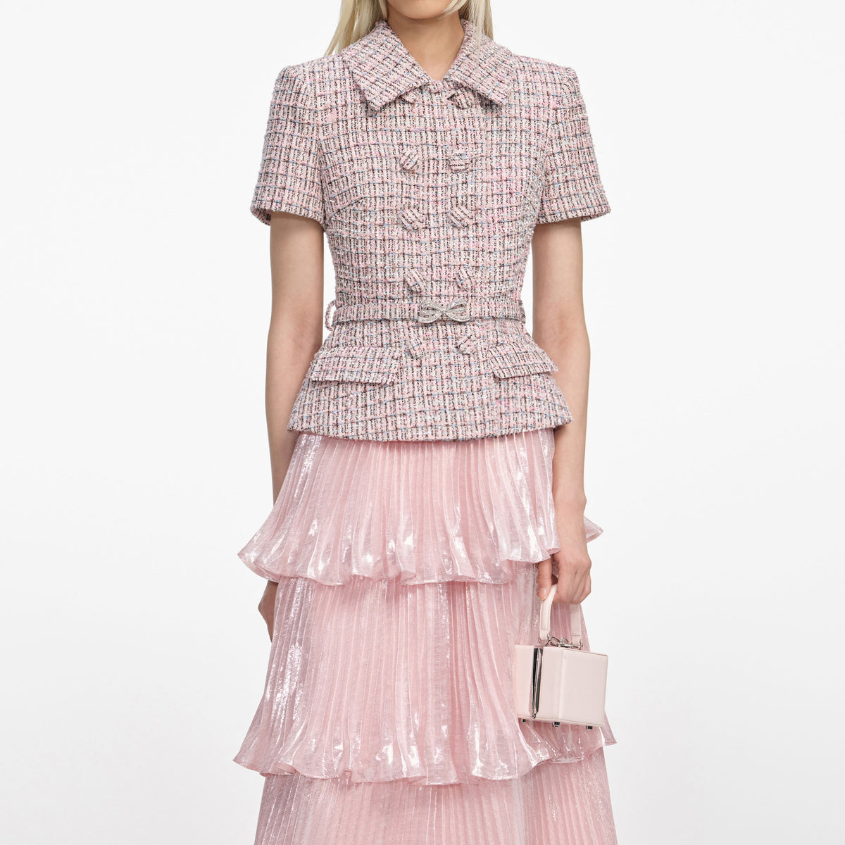 Beulah Pink Boucle Metallic Tiered Midi Dress Flowering Girl