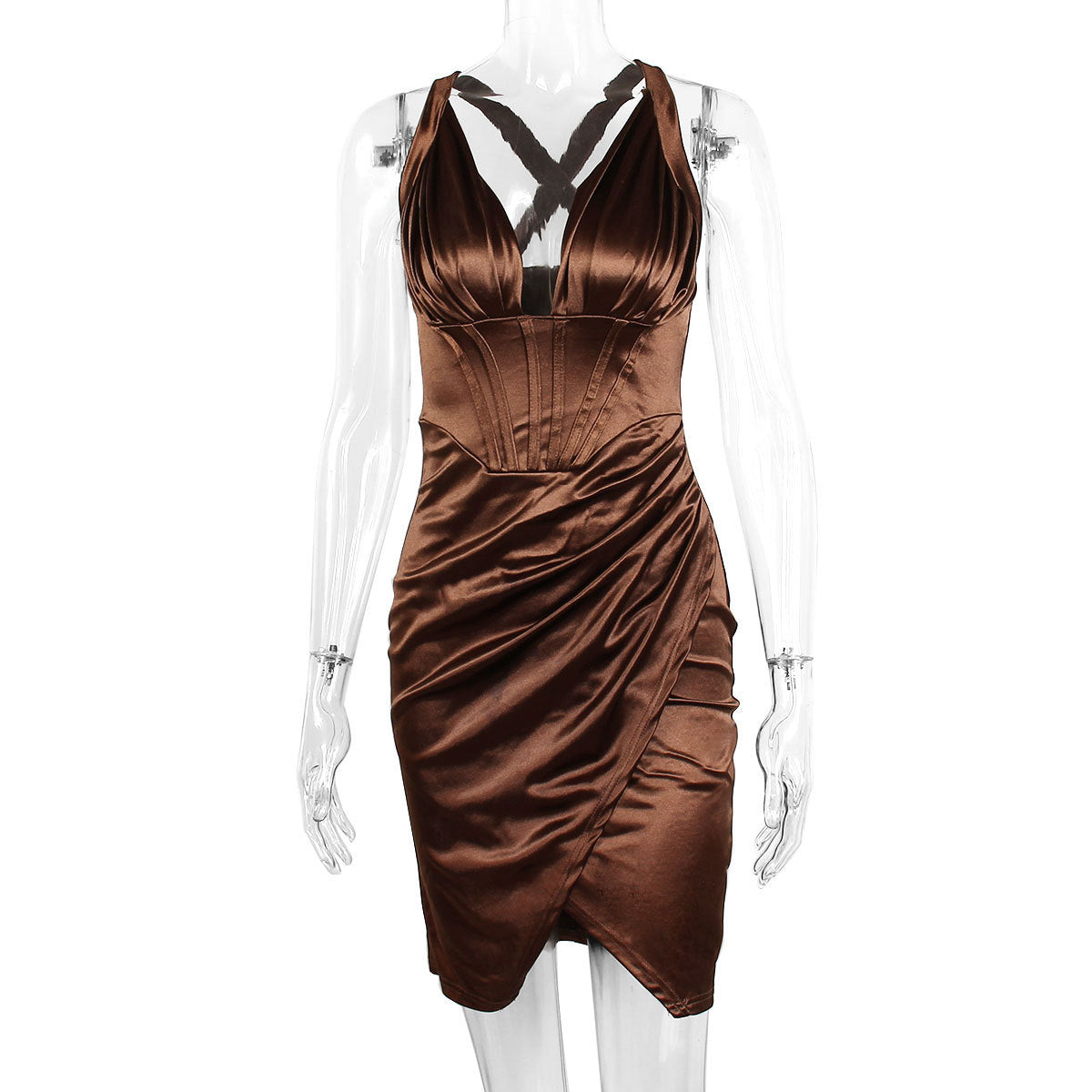 Satin Corset Mini Dress In Chocolate Flowering Girl