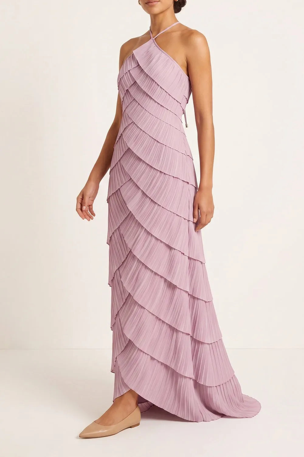 Halter Layered Pleated Maxi Dress Flowering Girl