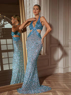 Orenthal Halterneck Rhinestone Cutout Maxi Dress Flowering Girl